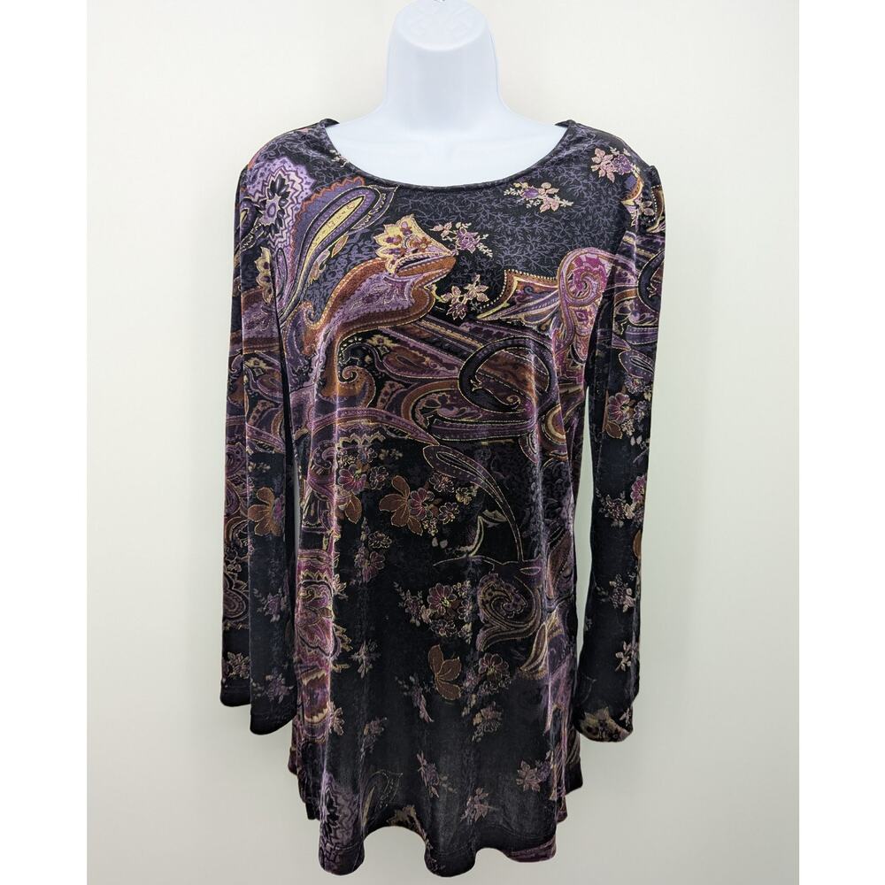 Coldwater Creek Vintage Purple Paisley Velvet Top Long Sleeve Womens Size Small